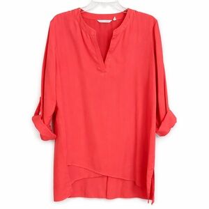 Soft Surroundings Coral Split Neck Tunic Top with Roll Tab Sleeves Size Large